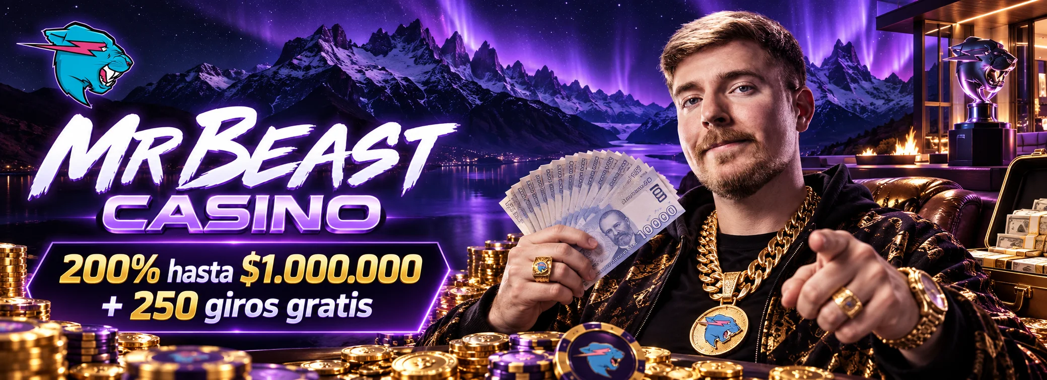Banner de MrBeast Casino Chile con el bono de 200% hasta $1.000.000 CLP y 250 giros